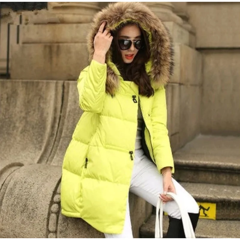 Женская Длинная зимняя парка, осенняя женская модная одежда, женская теплая хлопковая куртка с капюшоном и воротником из искусственного меха, большие размеры