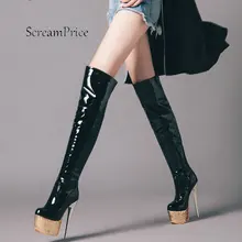 Женские пикантные сапоги до бедра на платформе и тонком высоком каблуке с боковой молнией; модная зимняя обувь с круглым носком для ночного клуба; цвет черный, красный, белый