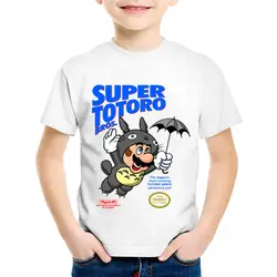 Мультфильм печати супер Тоторо Марио Детские футболки Для детей, на лето футболка с коротким рукавом для мальчиков и девочек Забавные топы