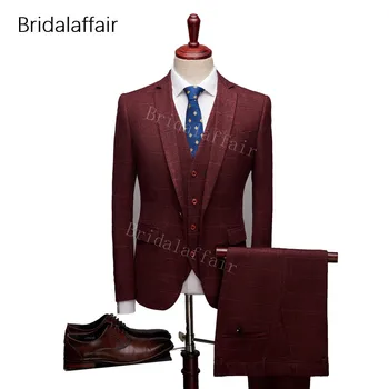 

KUSON Burgundy Plaid Men Suit Set Lattice Printed Slim Fit Dinner Wedding Suits For Men Bridegroom Tuxedo 3Pcs Jacket Pants Vest