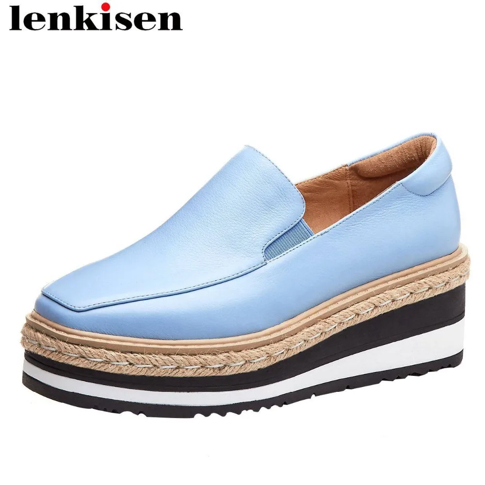 

Lenkisen handmade natural leather slip on thick bottom platform square toe straw decoration pretty girls dating women pumps L75