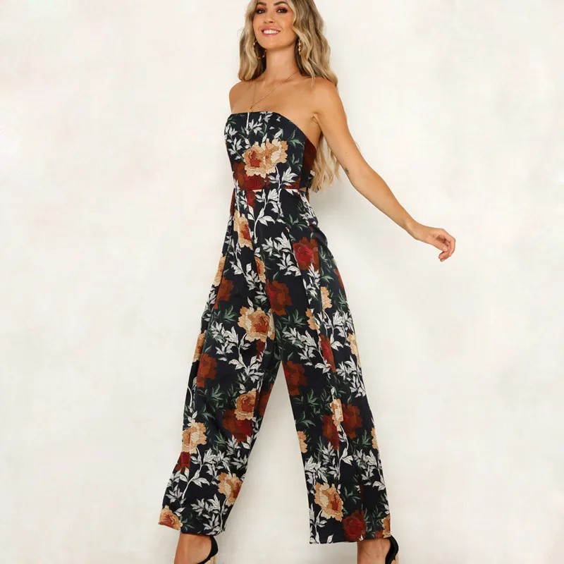 DORVIVON Sexy Backless Floral Print Boho Beach Jumpsuits Women 2019 Summer Sleeveless Rompers Elegant Wide Leg Jumpsuit Femme