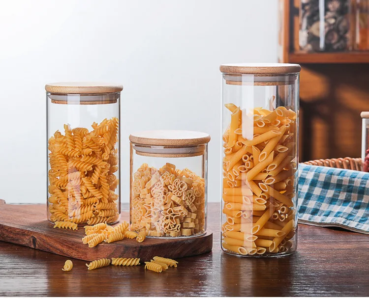 

1PC Glass Food Storage Bottle Bamboo Cover Sealed Grains Nuts Tank Can Kitchen Sorting Food Storage Box Container JM 004