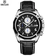MEGIR Men Chronograph Multifunction Water Resistant Black Dial Genuine Leather Watches Military Quartz Watches Relogio Masculino