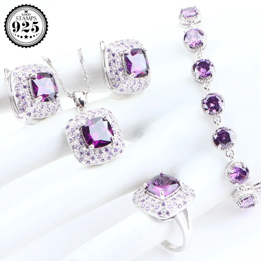 Фиолетовые циркониевые серебряные Ювелирные наборы 925, серьги с камнями для женщин, свадебные ювелирные изделия, браслет, кольцо, ожерелье, кулон, набор, подарочная коробка - Окраска металла: 4PCS