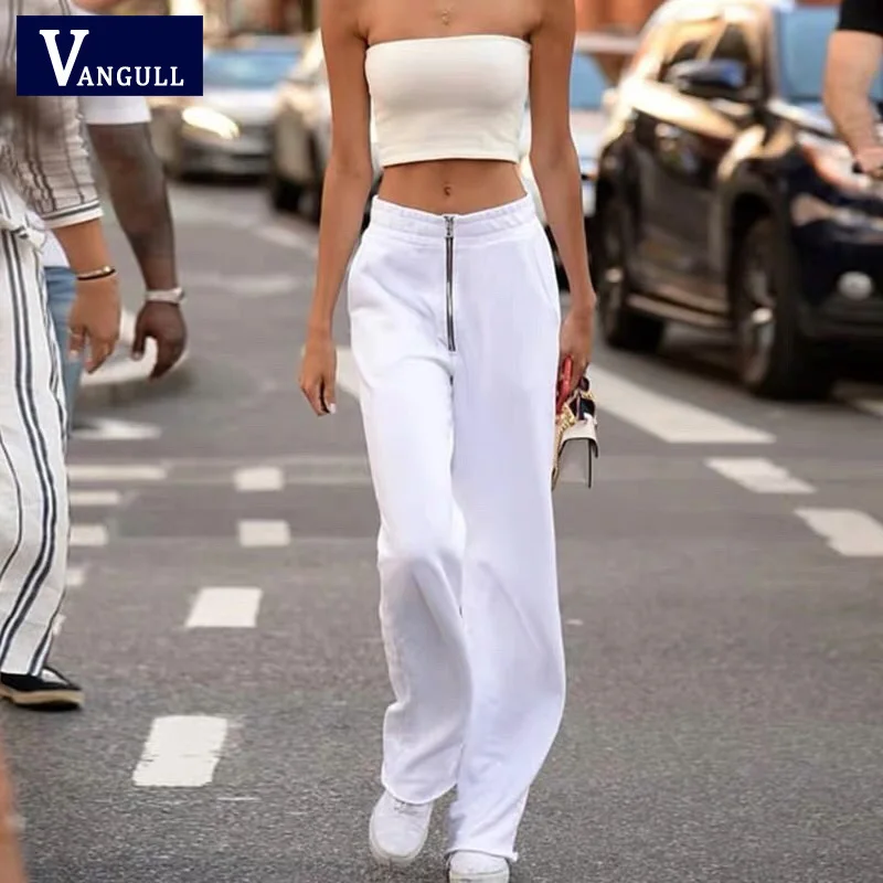 

Vangull 2019 New Summer Long Pants Women Straight High Waist White Front Zipper Trousers Sweatpants Elegant Full Length Pants