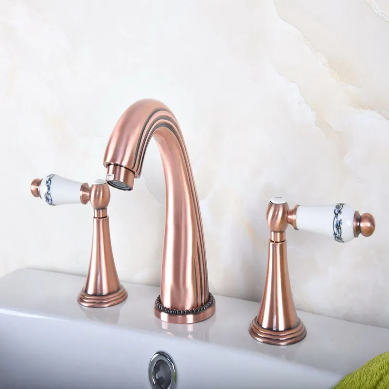 

Antique Red Copper Brass Deck Mounted Widespread Bathroom Basin Faucet Sink 3 Holes Mixer Tap Dual Ceramic Handles Levers arg078
