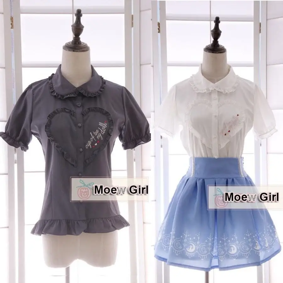 

Cute Girls Lolita Heart Shape Letters Embroidery Short Sleeves Chiffon Blouse Tops Shirt White&Navy Blue