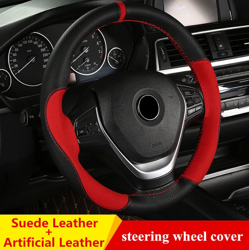 

Suede Leather Car Steering Wheel Cover Soft Anti slip Steering-Wheel Braid With Needle Thread Car Interior Accessories 15 inch