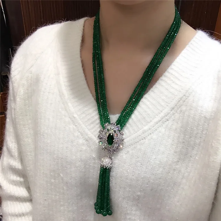 Дизайн микро/Циркон зеленый бисер кисточкой Мода ожерелье свитер цепь