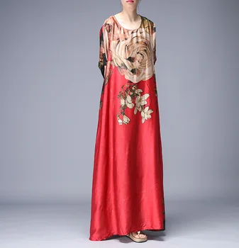 

Printed Silk Hot Sale O-neck Short Sleeve Long Dress for Female Large Size Irregularity Elegant Bohemian Women Dress