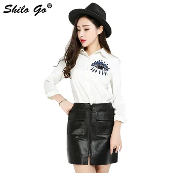 

SHILO GO Leather Skirt Womens Autumn Fashion sheepskin genuine Leather Short Skirt OL office front pocket pencil high waist