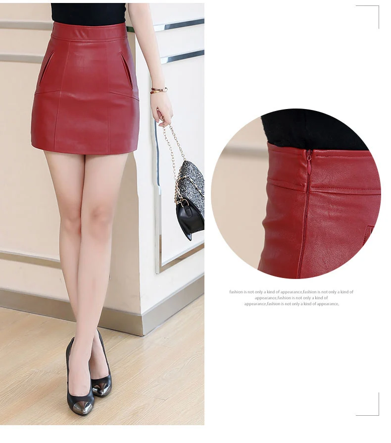 Spring Office Lady Women's Short Skirt Red Black Plus Size 4XL A-line Sexy Leather Jacket High Waist Pocket Mini Skirt