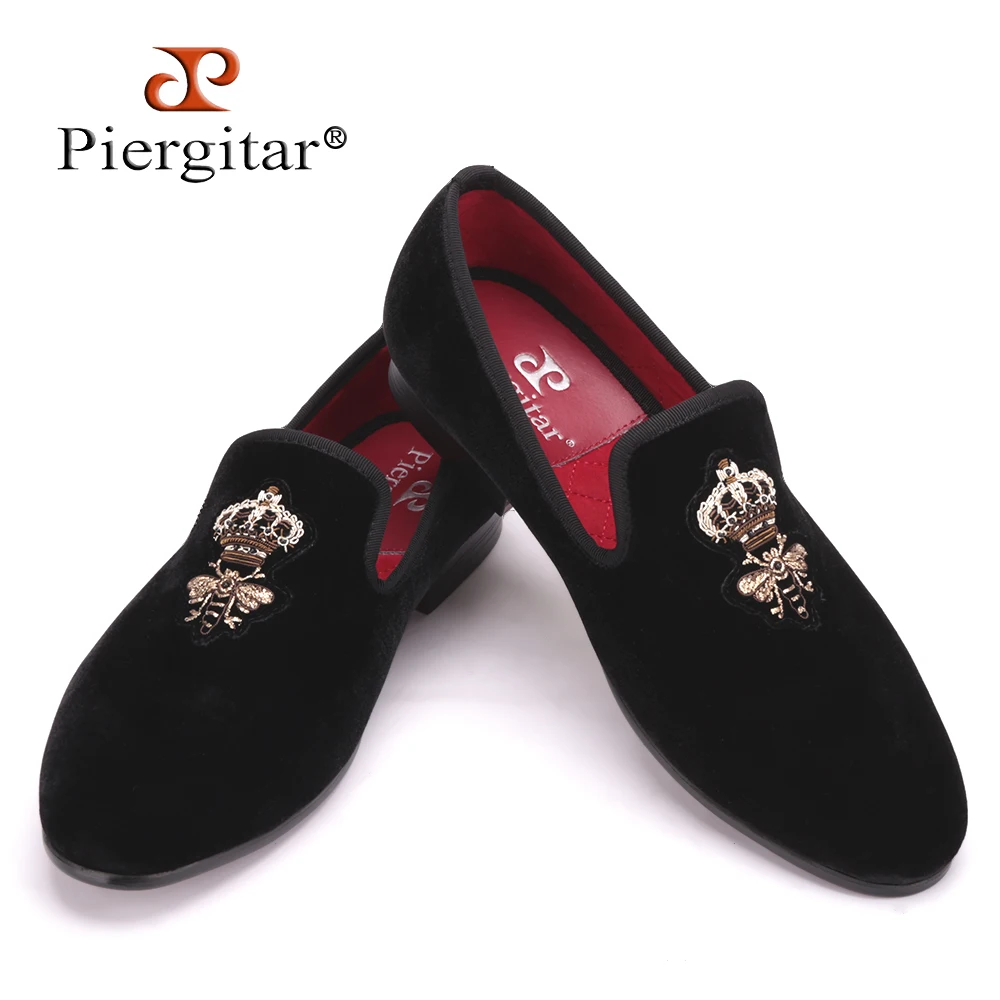 Piergitar Bees Indian silk embroidery men velvet shoes fashion Men Loafers wedding and party male shoe Men Flats Size US 4-17