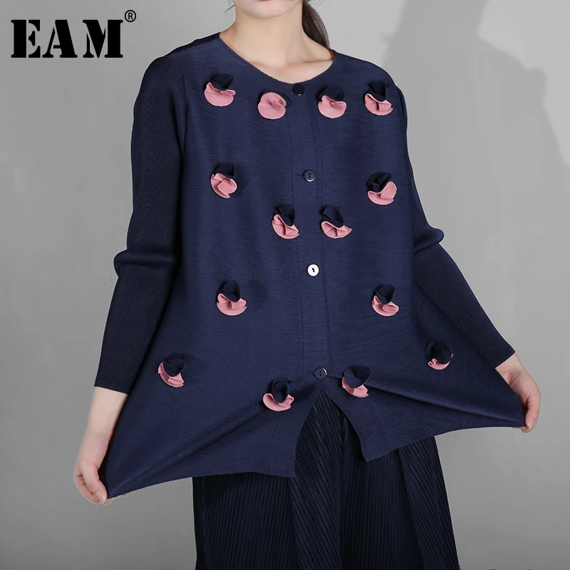 

[EAM] 2019 New Autumn Winter Round Neck Long Sleeve Three-dimensional Flower Pleated Big Size T-shirt Women Fashion Tide YF2331