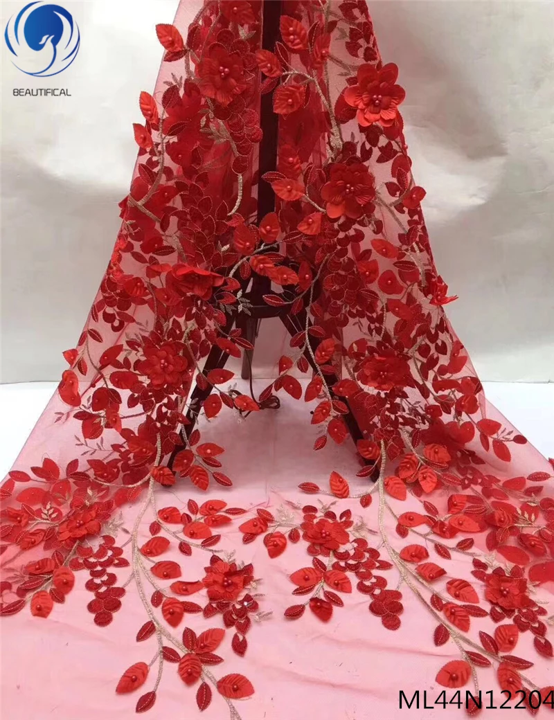 

BEAUTIFICAL red lace fabric for wedding dress 3d lace fabric with beads nigerian lace fabric 2019 sales 5 yards/lot ML44N122