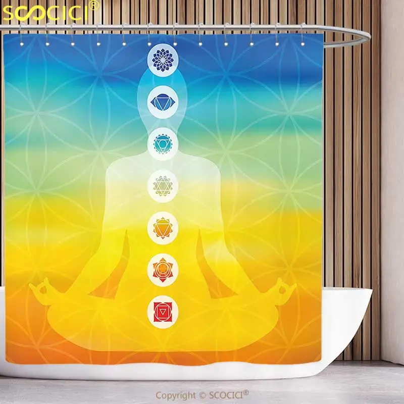 

Cool Shower Curtain Chakra Decor Gradient Colored Digital Female Human Body with Central Sacred Chakra Points Design Multi