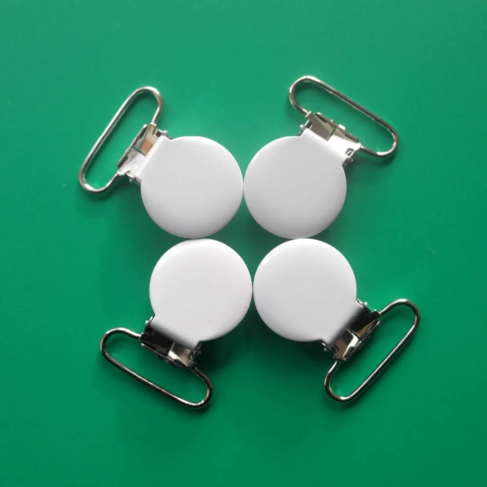 

Free Shipping 20Pcs White Round Top Enamel Metal Suspender Clips,Pacifier Clip For 25MM Ribbon,With Plastic Teeth,Lead Free