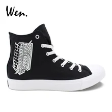 Вэнь Мужская Вулканизированная обувь аниме атака на Титанов ручная роспись парусиновая обувь черный топ высокие кроссовки женские плимсоллы кроссовки Zapatos