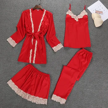 

Fshion NEW Womens 4PC Strap Top Pants Suit Night Robe Sleepwear Sets Casual Pajamas Sexy Nightwear Kimono Bath Gown M L XL