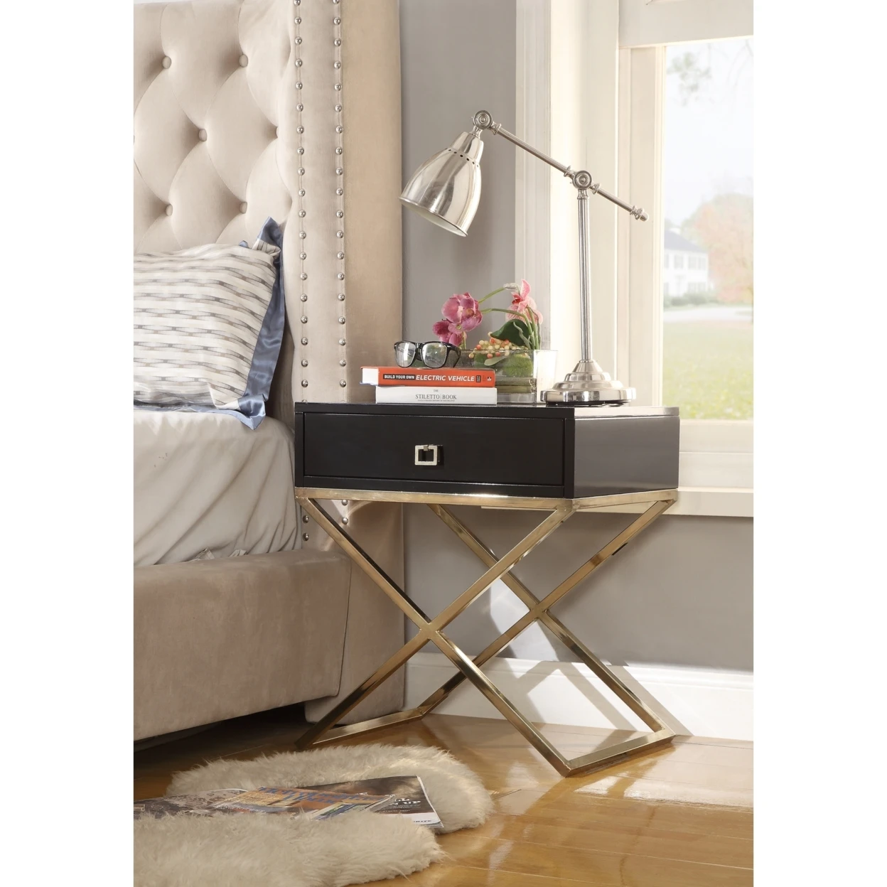 Jesse Lacquer Finish Nightstand | Steel Base | Side Table | Modern | Inspired Home