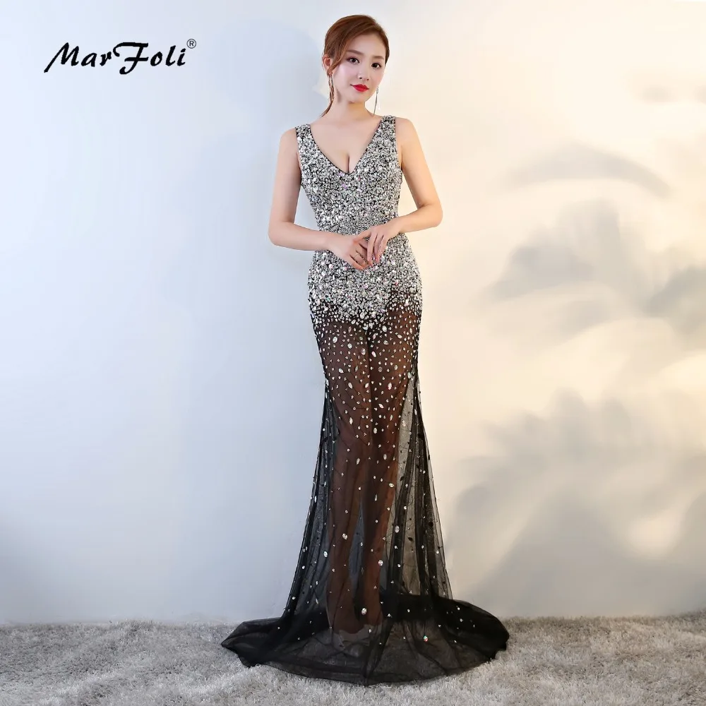 

MarFoli Luxury Crystal Floor-Length Full manual Sexy Star dress Evening dress Cocktail dress Tulle Illusion prom Gown LF0122
