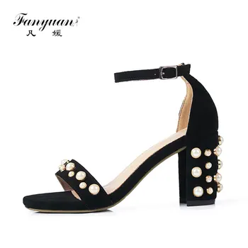 

Fanyuan Fashion open toe Ankle-Wrap Sandals summer Buckle Strap high heels women shoes Elegant pearl Cover Heel Casual shoes
