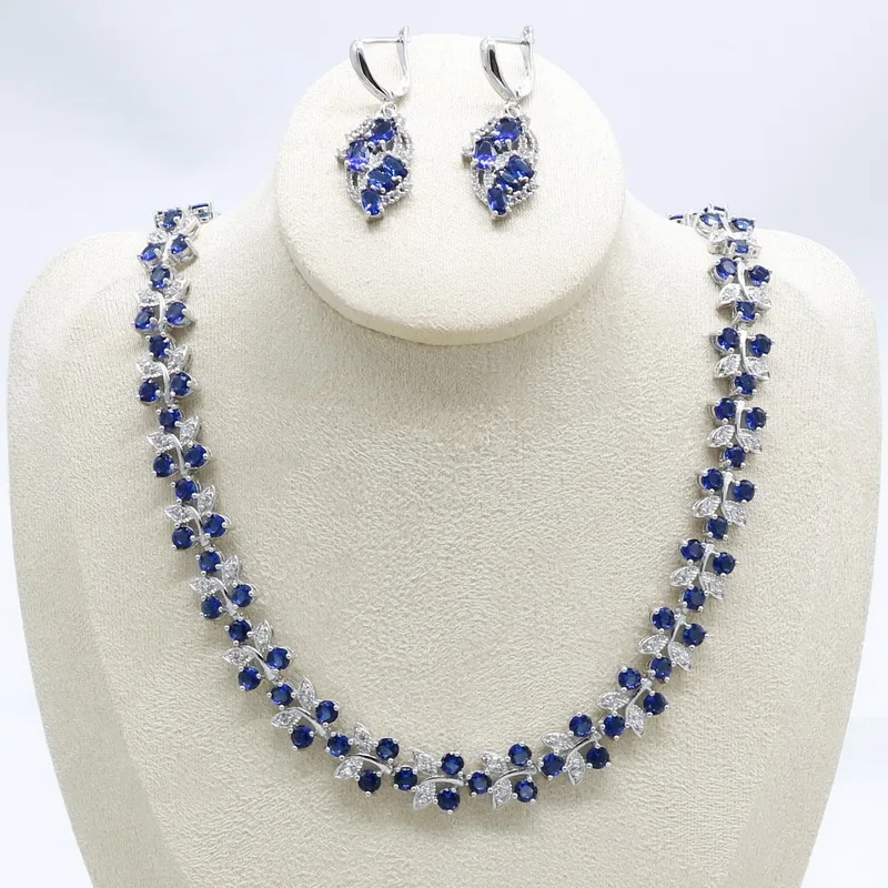 Королевский синий кристалл для женщин 925 пробы серебряные Ювелирные наборы Свадебные серьги ожерелье Подарочная коробка