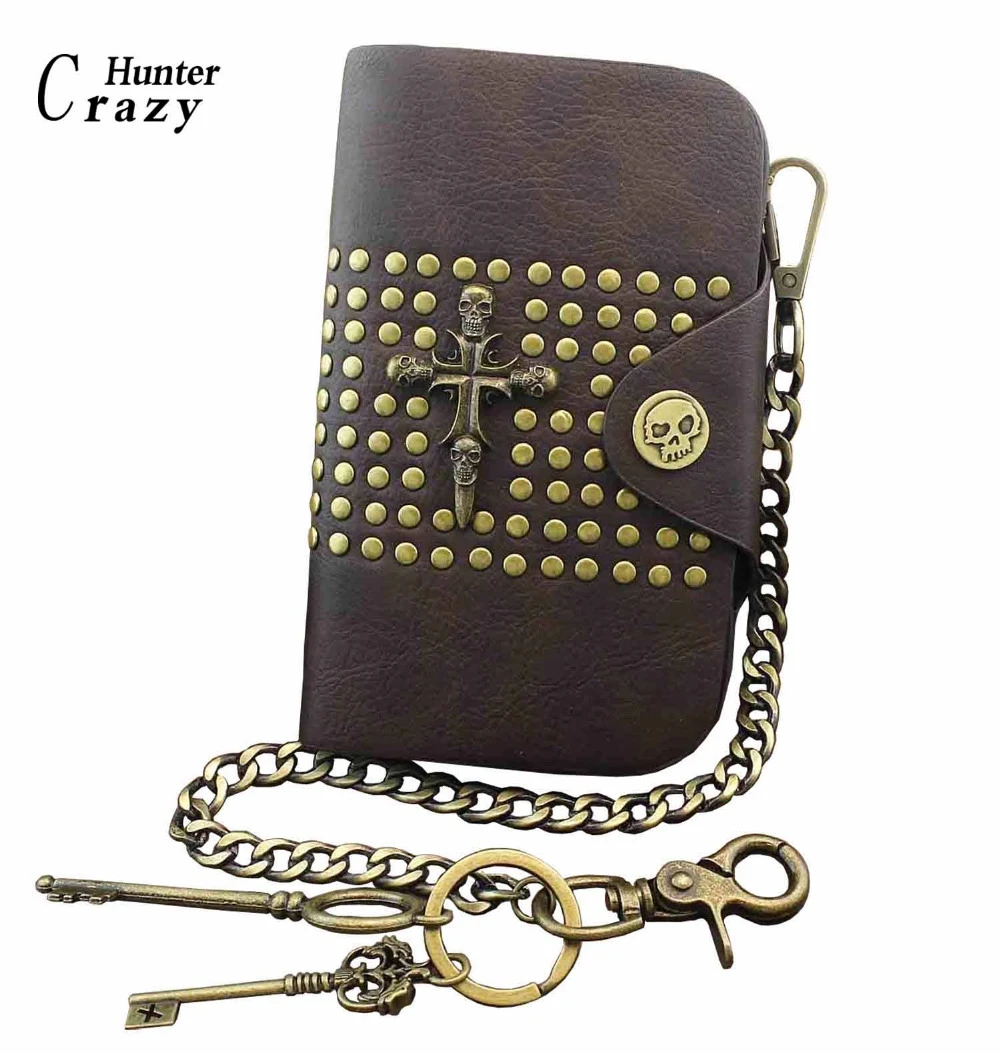 Punk Heavy Calavera cuero cadena cartera latón llavero largo| | AliExpress