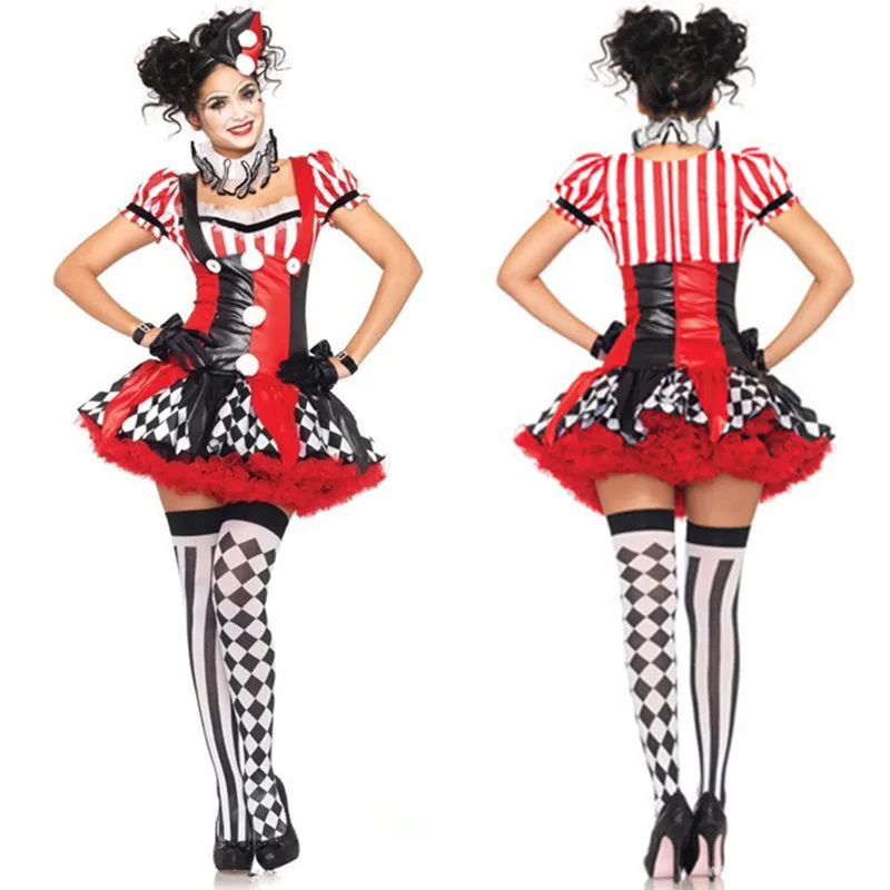 

4Pcs Adult Women Funny Harley Quinn Costume Clown Circus Cosplay Carnival Halloween Fancy Dress Performance Clothing