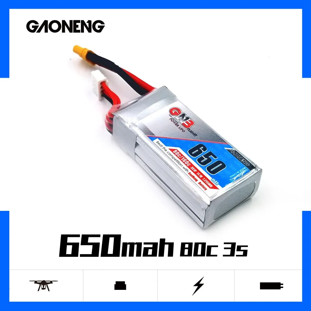 

2PCS Gaoneng 650mAh 11.1V 80C/160C 3S Lipo battery with XT30 Plug for FPV Racing Drone 4 axis UAV RC Quadcopter RC Drone parts