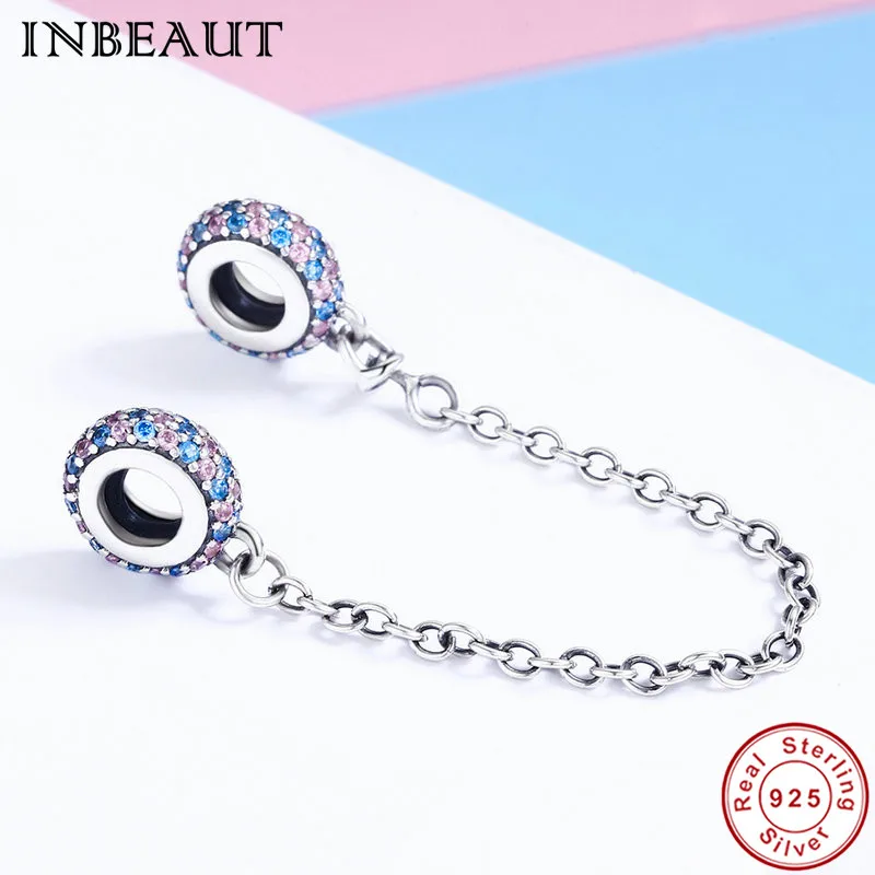 

INBEAUT 100% Authentic 925 Sterling Silver Pink&Blue Cubic Zirconia Safety Chain Charm Fit S925 Charm Bracelet Women Jewelry