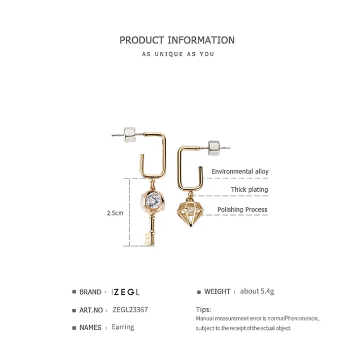 ZEGL асимметричные серьги, серьги-ключи, забавные серьги-капли, женские серьги