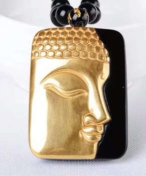 

Beautiful pure Gold color+ Natural Black Obsidian Carved Buddha Lucky Amulet Pendant For Women Men pendants Fine stone Jewelry