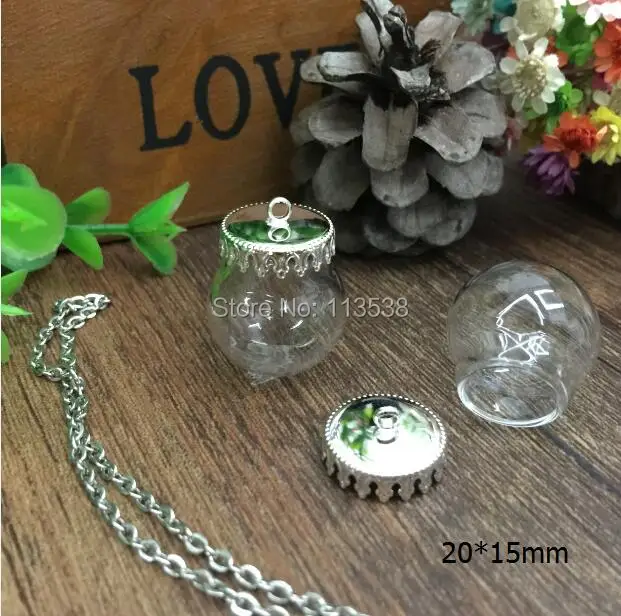 

20sets/lot 20*15mm diy glass globe silver crown base set glass globes set glass vial pendant glass cover round ball