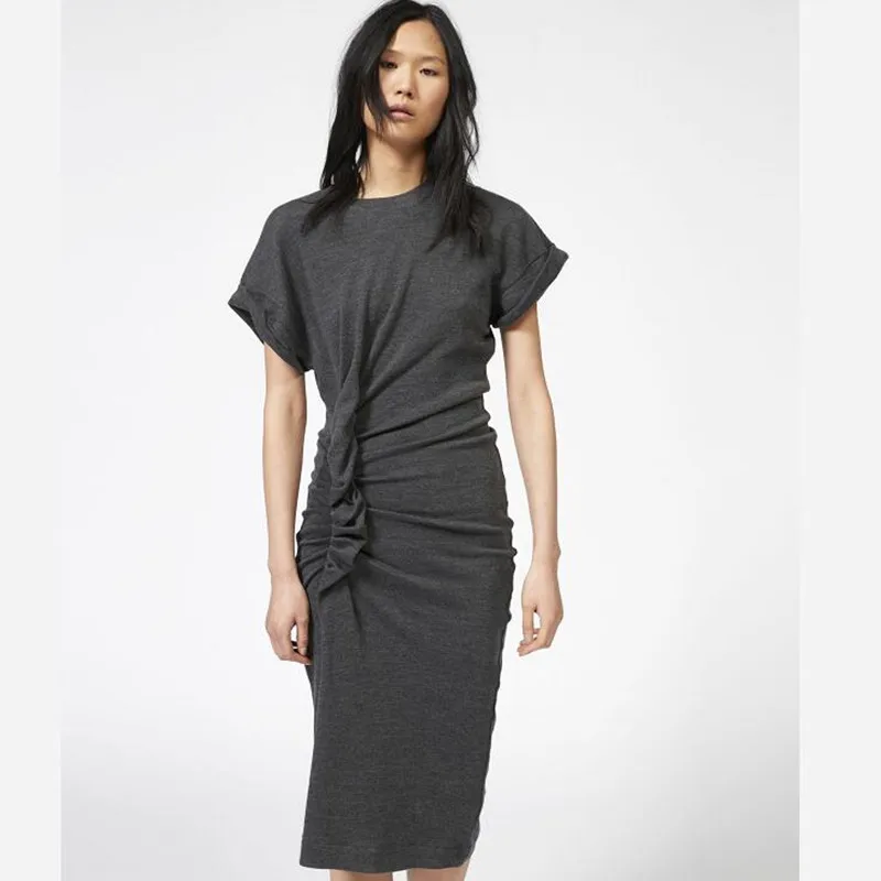 

2019 New Women Dark Grey Dress Cotton Short Sleeve Slim Irregular Midi Dress