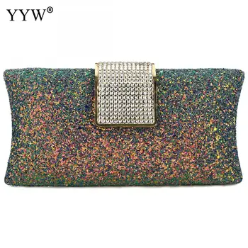 Woman Evening Bag 2019 Sequin Female Diamond Rhinestone Day Clutch Crystal Chain Shoulder Purse Wedding Purse Party Luxury Bags sequin detail chain shoulder bag