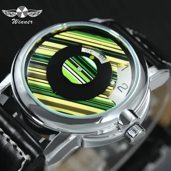 

WINNER Fashion Creative Auto Mechanical Watch Men Leather Strap Colorful Stripe Rotational Dial Half Cover Wrist Watches Gift