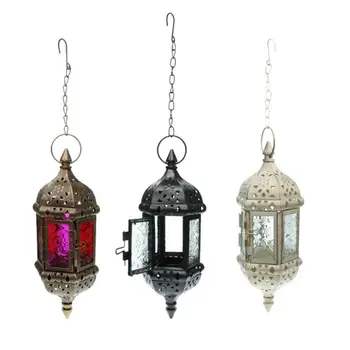 

Set 3PCS Glass Hanging Moroccan Candle Lanterns Hurricane Candle Lamp Tea Light Candleholder With 66cm Iron Chain