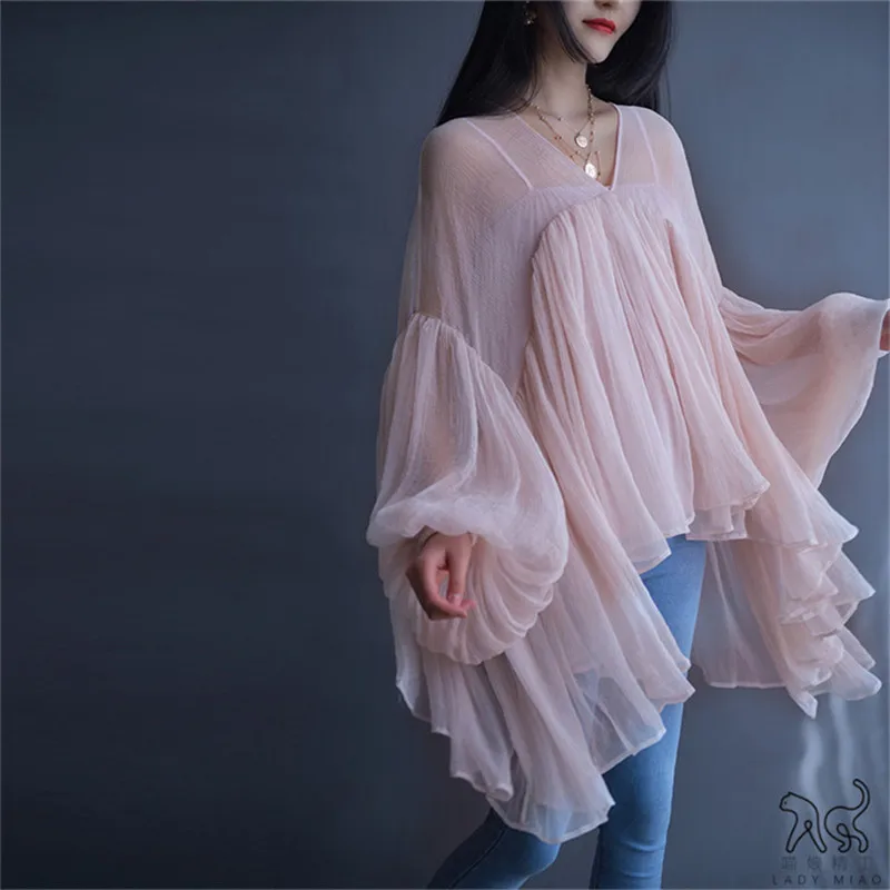 

Summer Women's Tops and Shirts Clothes 2019 Vintage Lantern Sleeve Chiffon Long Sleeve V-neck Irregular Shirt Two-Piece Set