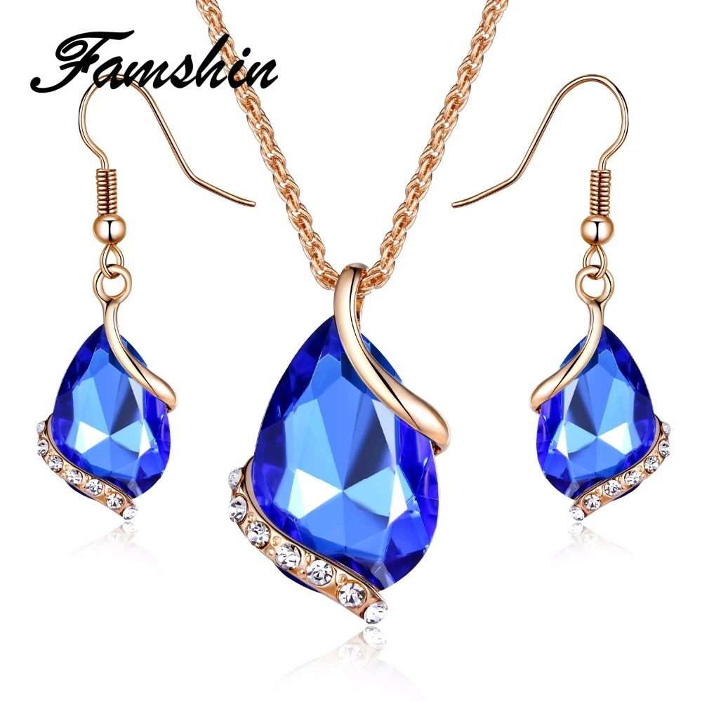 

FAMSHIN Bridal Wedding Accessories Gold Color Love Crystal Jewelry Sets For Women Pendent Necklace Hook Earrings Jewellery Set