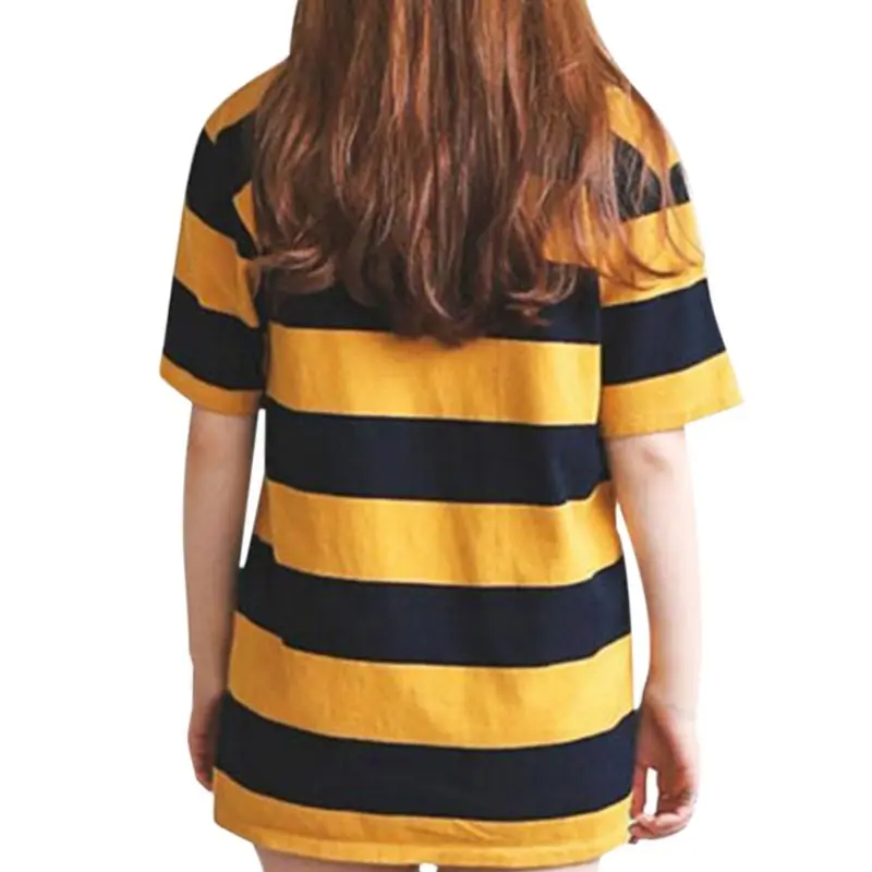 Корейская футболка с круглым вырезом женские желтые и черные полосатые топы Harajuku футболка Свободные повседневные футболки в стиле панк с коротким рукавом