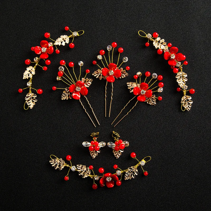 

7 Pcs/set Red Gold Flower Pearl Women Hair Jewelry Crystal Headbands Hairpins Earrings Sets Bridal Wedding Hair Accessories Gift