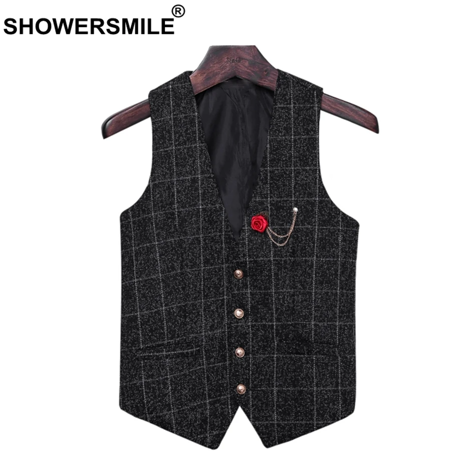 SHOWERSMILE Винтаж жилет для мужчин Slim Fit s костюмы клетчатый демисезонный тартан мужской Азии размеры 5xl куртка без рукавов