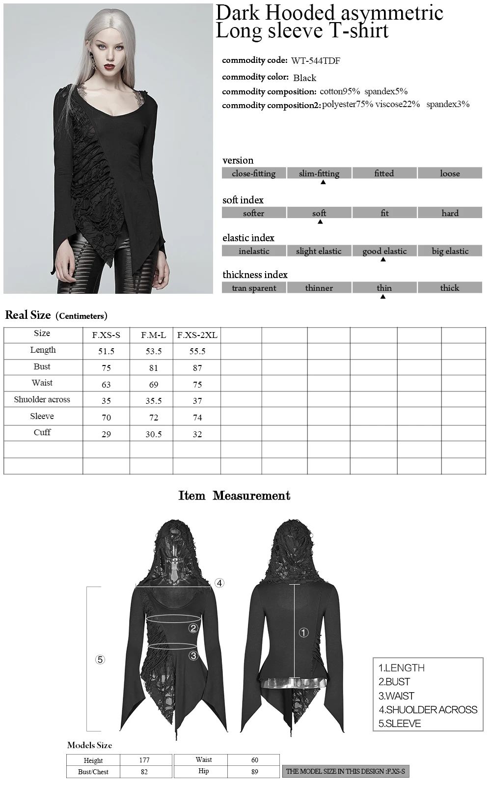 Punk Rave Women T-shirt Gothic Casual Dark Retro Cotton Hooded Asymmetric Long Sleeve Streetwear Tops for Women