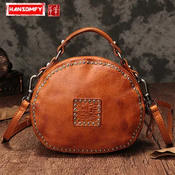 

Women Handbag Genuine Leather Rivet Pouch Retro Bills Female Shoulder Slung Small Round Messenger Bag The First Layer of Leather