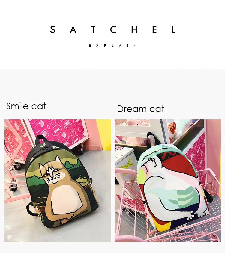 Menghuo Lovely Cat Printing Backpack Women Canvas Backpack School Bags for Teenagers Ladies Casual Cute Rucksack Bookbags (2)
