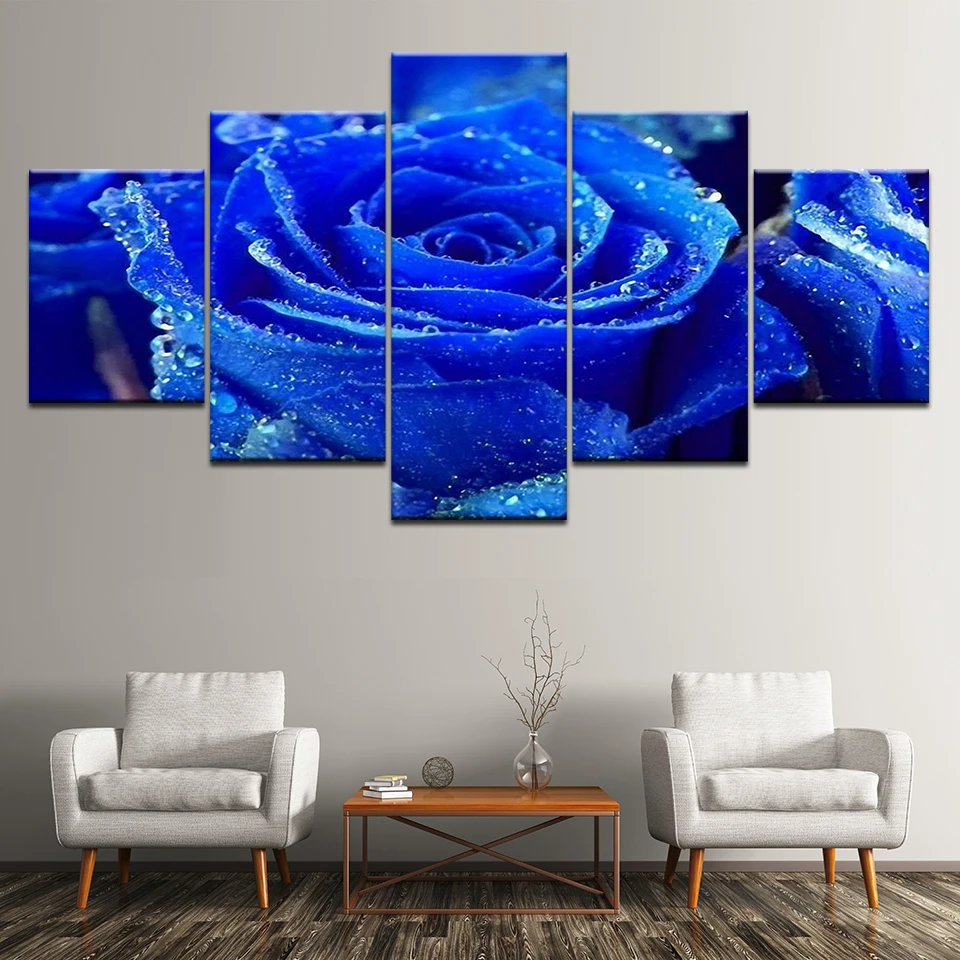 Canvas Painting blue rose flowers 5 Pieces Wall Art Modular Wallpapers Poster Print for living room Home Decor | Дом и сад