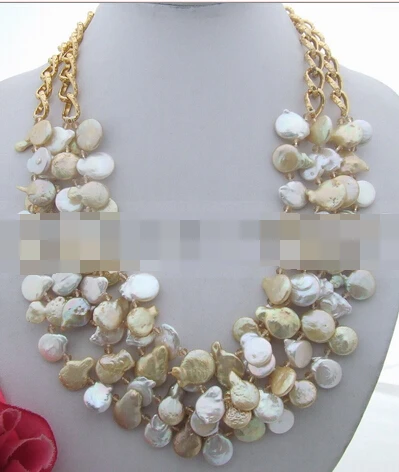

huij 004056 4Strands White&Champagne Pearl Coin&Crystal Necklace