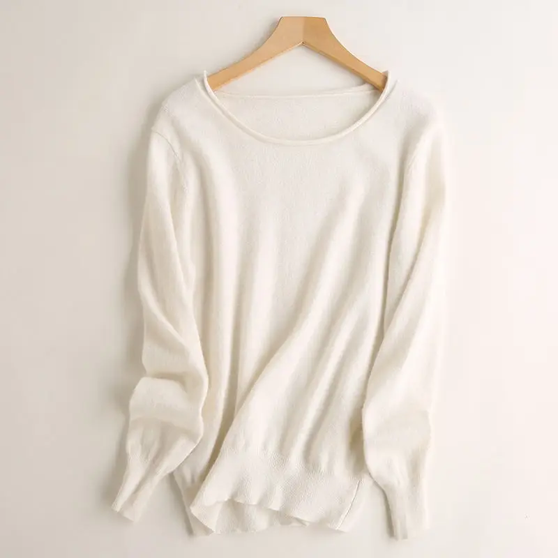 Новинка, весенний и осенний модный кашемировый свитер, женские пуловеры с круглым вырезом, завитые края, свитера, женский чистый базовый свитер - Цвет: white